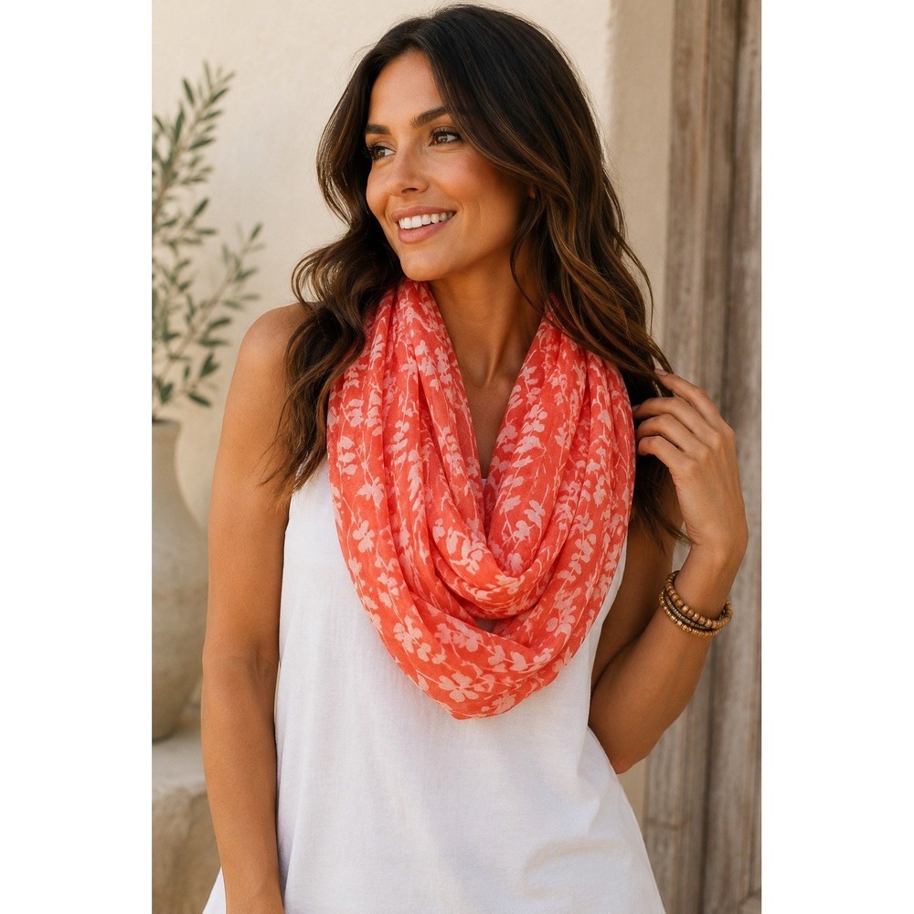 Tickled Pink NWT Coral‎ Floral Infinity Scarf Lightweight Sheer Loop Scarf Boho
